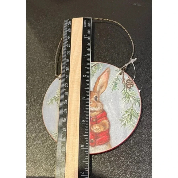 Rabbit Wooden Round Christmas Holiday Ornaments 4 x 4 Set Of 2 Farm Rustic NEW - Picture 3 of 4